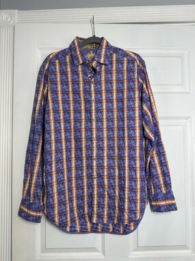 Robert Graham Button Down Shirt Purple Orange Plaid Flip Cuff Embroidered